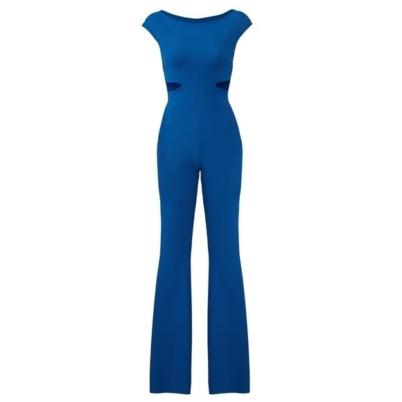 CHIARA BONI Cutout Waist Boatneck Cap Sleeve Flare Leg Fitted Cobalt Jumpsuit 10 - Picture 7 of 7